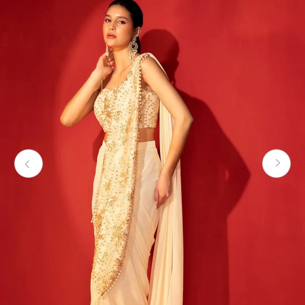 Ivory sequin embroidered pre stitched saree with embroidered blouse